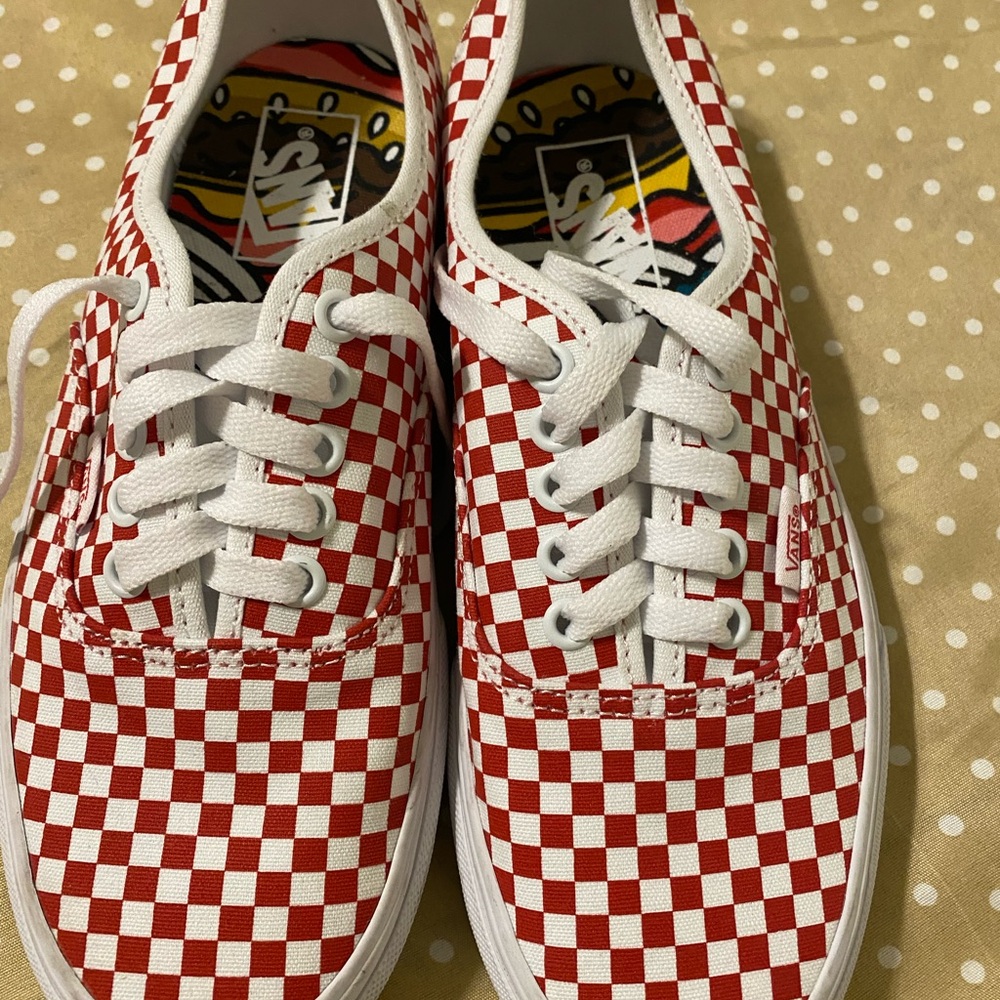 Vans Red and White Canvas Sneakers Iconic Checkerboard Design